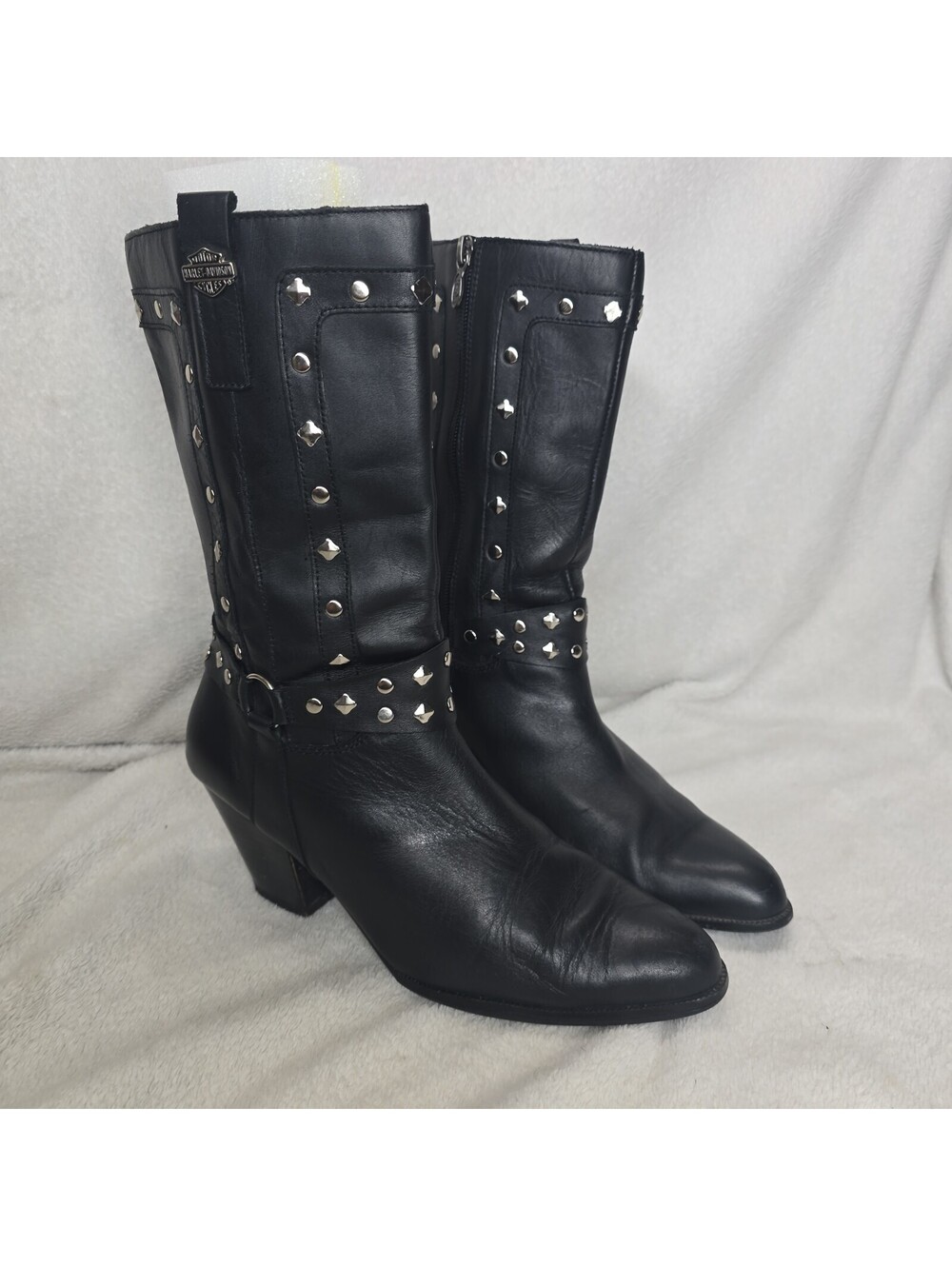 Harley Davidson Western Studded Cowboy Boots Womens 8.5 Black Zipper Leather